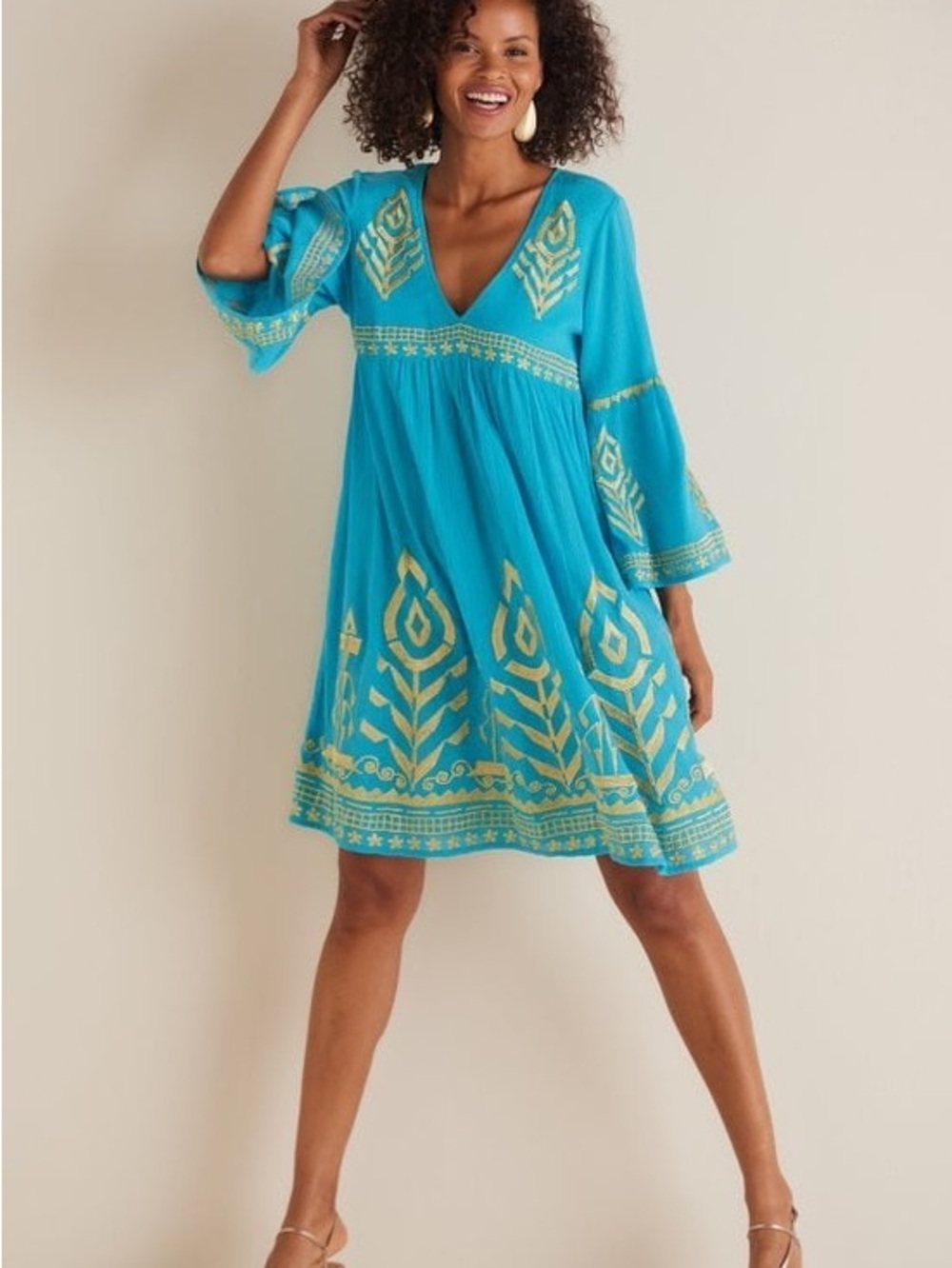Soft Surroundings Boho Turqouise Blue & Gold Embroidery Zaneta Tunic Mini Dress